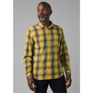 prAna Mens Dolberg Flannel Shirt Small Tall Yellow Plaid Button Down NWT